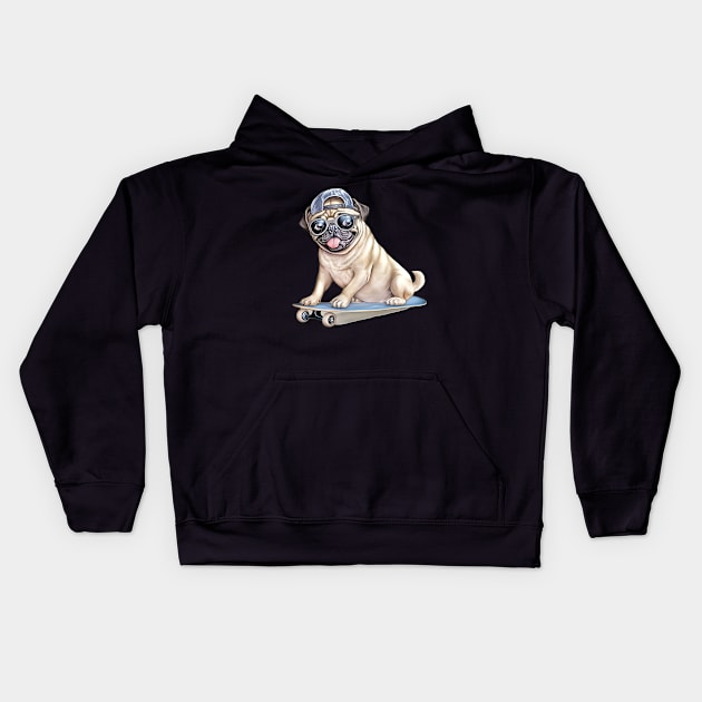 Pug Dog on Skateboard Kids Hoodie by candiscamera